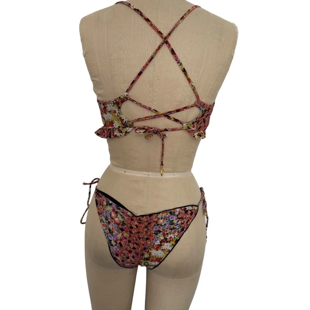 Luli Fama Floral Ruffle Bikini Set Garden Nights S Lace Up Back Ruched Bottoms